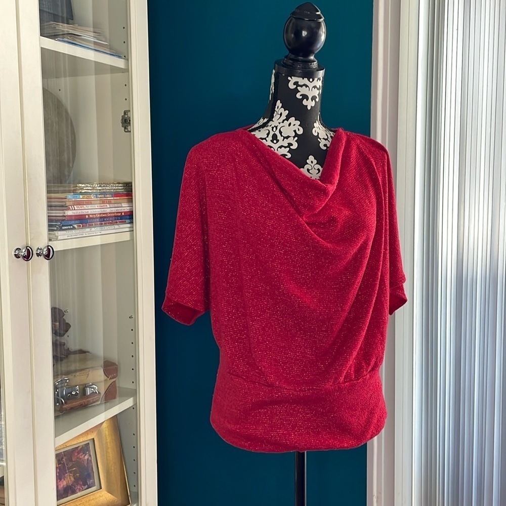 Red Glittery Cowl Neck Short Sleeve Knit Top​​